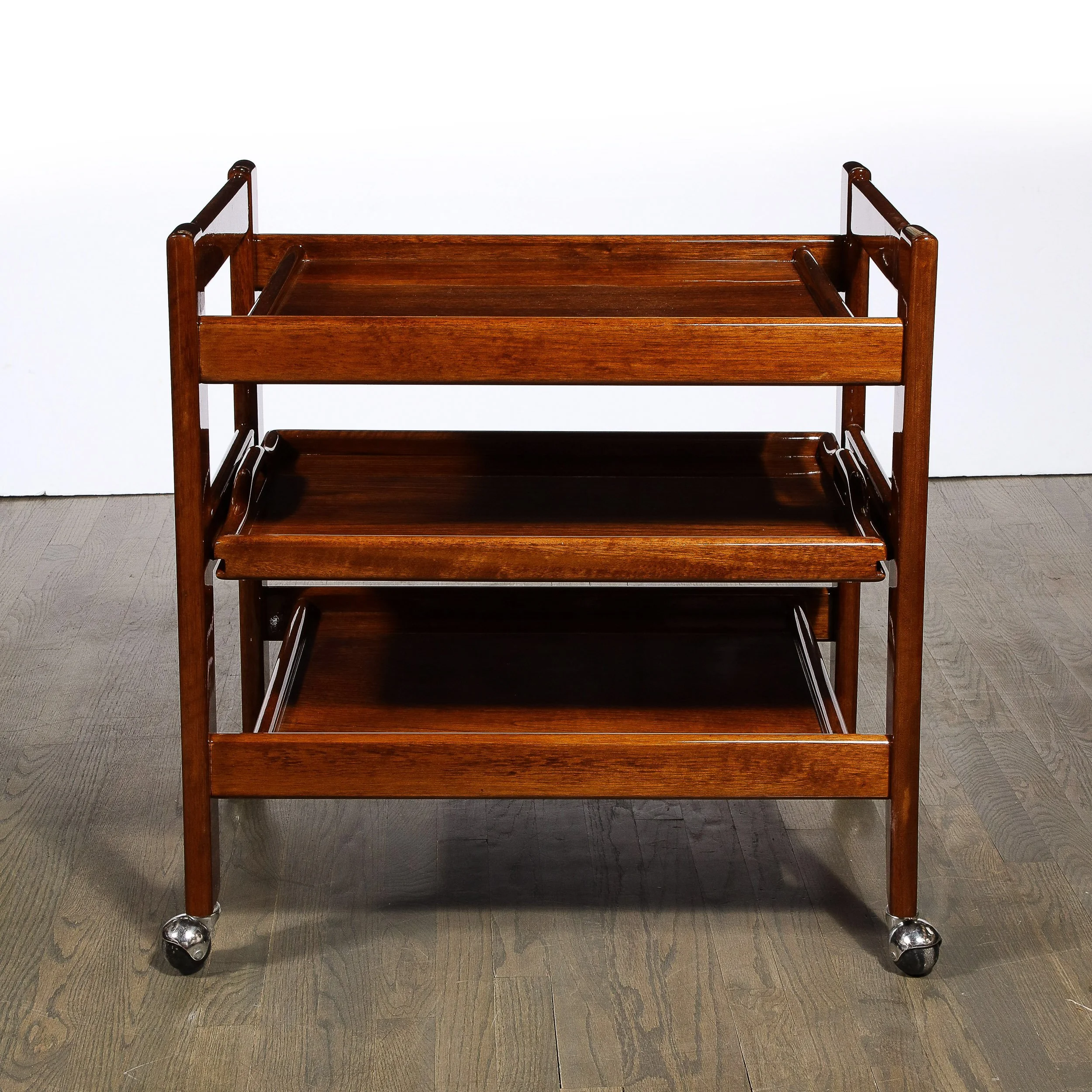 1960s Mid-Century Modern Three-Tier Bar Cart on Castors in Book